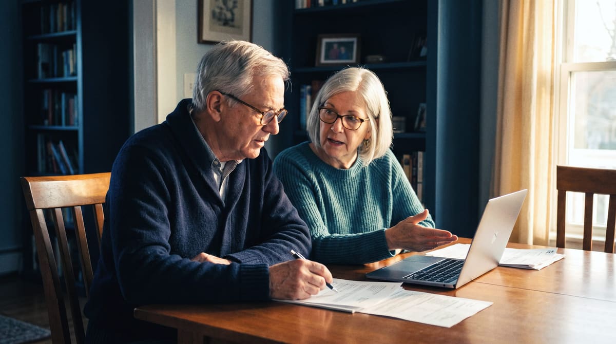 An older couple at their dining table working through paperwork and a laptop on their own